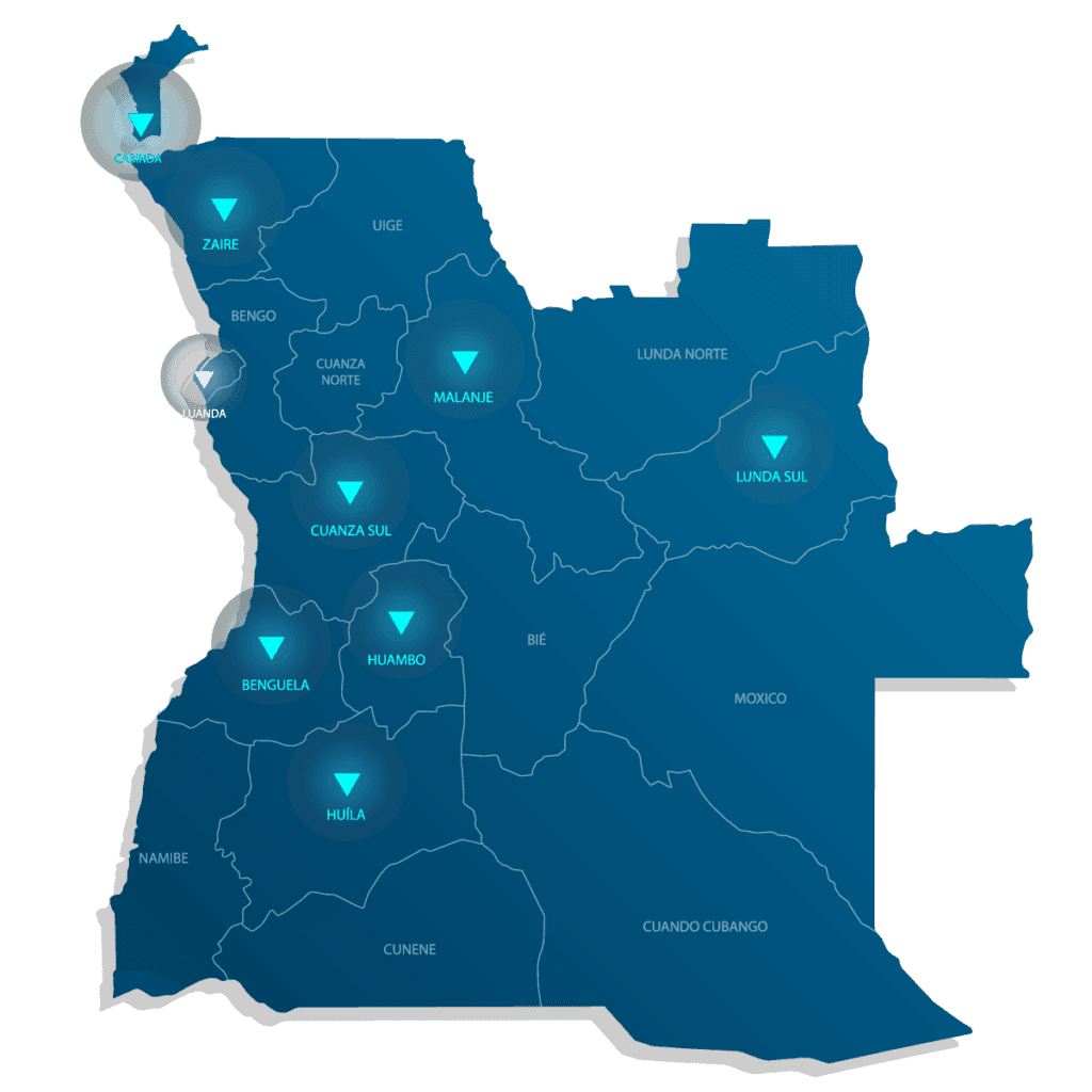 Mapa de Angola com os centros técnicos da RCS por província